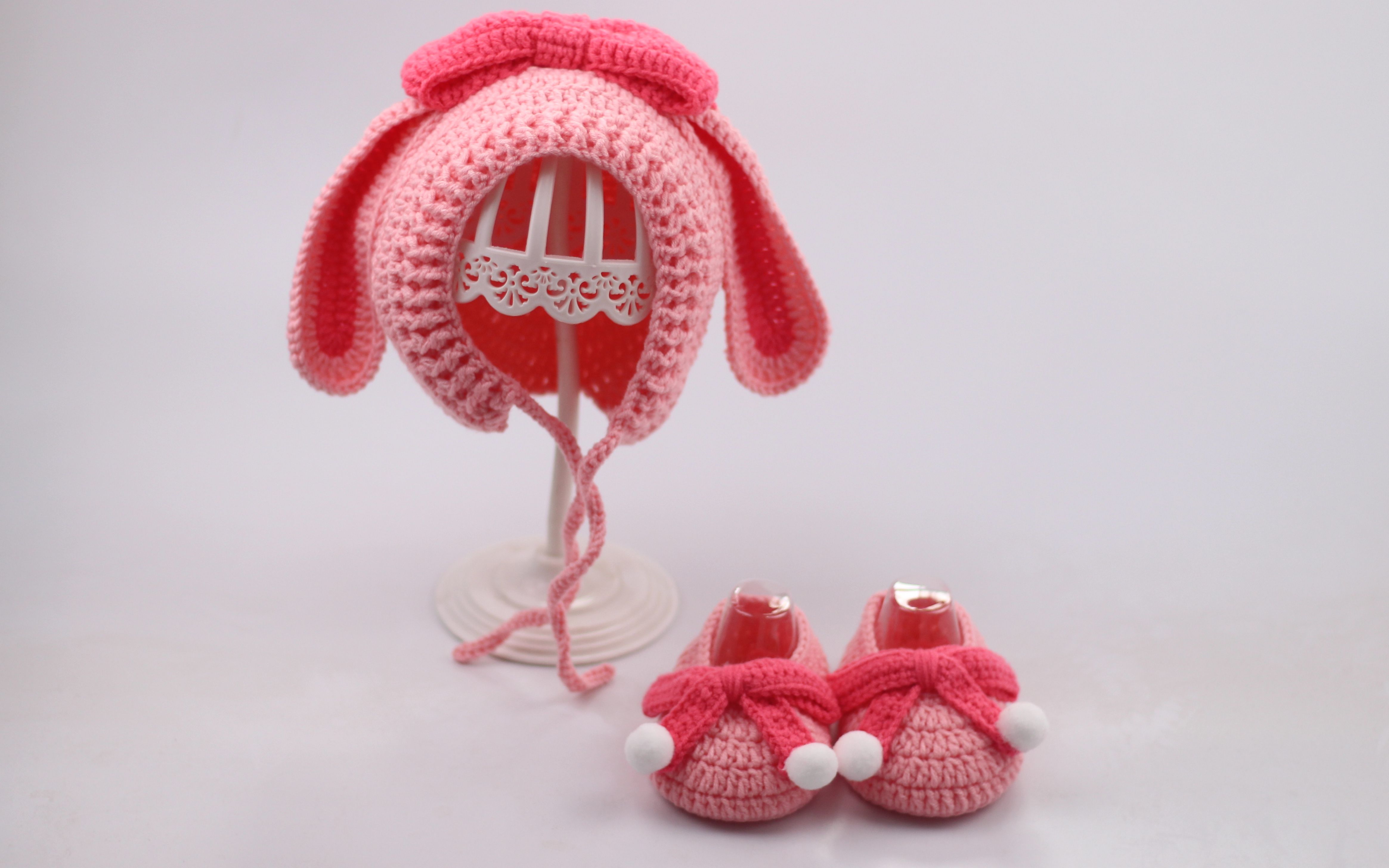 萌趣暖冬 手钩兔子毛线鞋帽套装（含蝴蝶结耳朵配件）完整教程